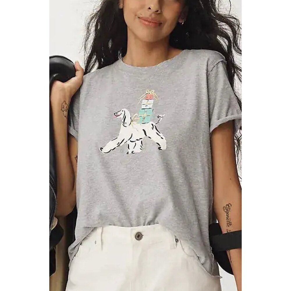 Anthropologie Graphic Tee T Shirt XS Grey Dog Oversized Boxy Top By Krissy Mast